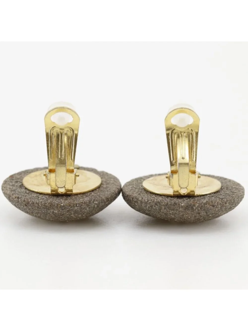 Chanel CC Logo Stone Motif Vintage Gold Plated Gray Earrings